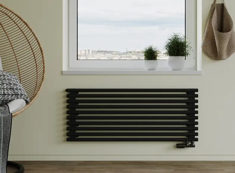 Трубчатый радиатор с круглой трубой 32 мм GUARDO TORRE 3D 432 мм высотой, 400 мм шириной, 9 секций, нижнее по краям подключение, 3D-0400-09 BK-VER R9005(G) черный глянец