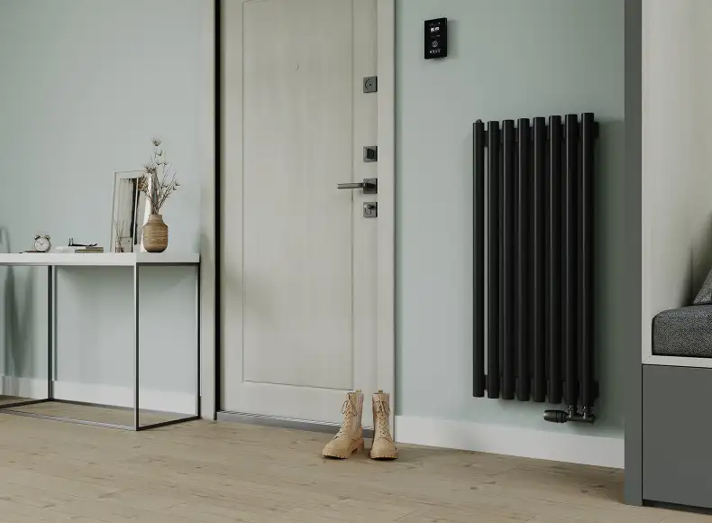 Трубчатый радиатор с круглой трубой 42 мм GUARDO TORRE 4D высотой 1000 мм, 100 мм шириной, 2 секции, нижнее в крайних секциях подключение, 4D-1000-02 BK-GOR R9005(G) черный глянец