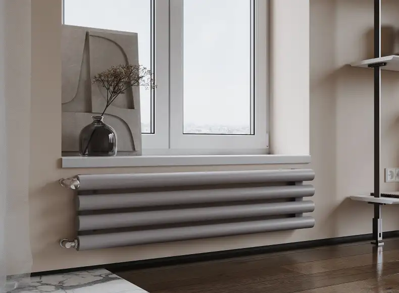 Трубчатый радиатор с круглой трубой 60 мм GUARDO TORRE 6D 296 мм высотой, 400 мм шириной, 4 секции, нижнее по краям подключение, 6D-0400-04 BK-VER R7040(G) серый глянец