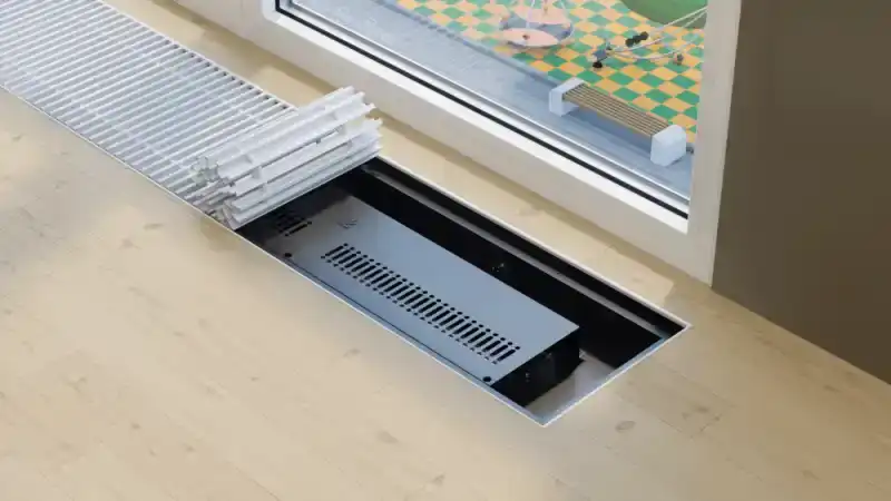 Внутрипольный конвектор Vitron электрический с принудительной конвекцией с вентилятором (высота 90 мм, ширина 200 мм, длина 500 мм) c декоративной L-рамкой и решеткой