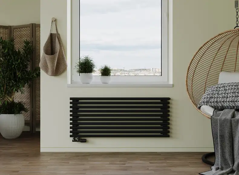 Трубчатый радиатор с круглой трубой 32 мм GUARDO TORRE 3D 482 мм высотой, 400 мм шириной, 10 секций, нижнее по краям подключение, 3D-0400-10 BK-VER R9005(G) черный глянец