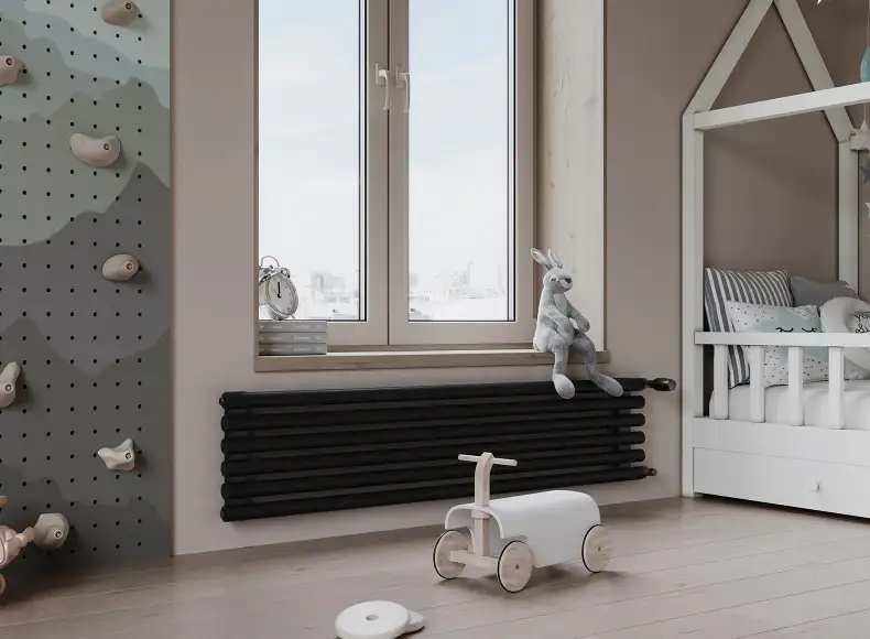 Трубчатый радиатор с круглой трубой 42 мм GUARDO TORRE 4D 332 мм высотой, 400 мм шириной, 6 секций, нижнее по краям подключение, 4D-0400-06 BK-VER R9005(G) черный глянец