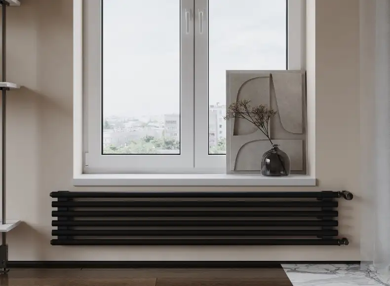 Трубчатый радиатор с круглой трубой 32 мм GUARDO TORRE 3D 332 мм высотой, 400 мм шириной, 7 секций, нижнее по краям подключение, 3D-0400-07 BK-VER R9005(G) черный глянец