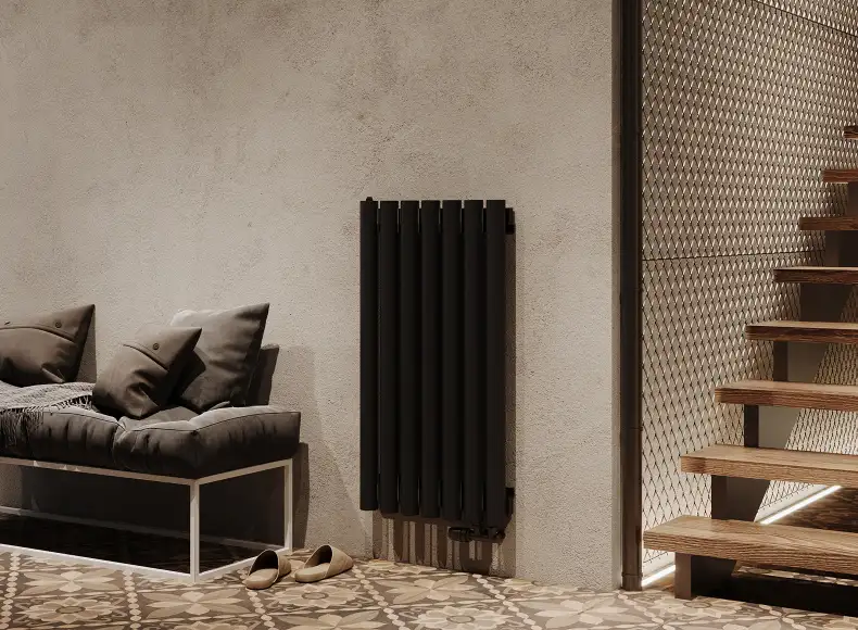 Трубчатый радиатор с круглой трубой 60 мм GUARDO TORRE 6D высотой 1100 мм, 139 мм шириной, 2 секции, нижнее левое подключение, 6D-1100-02 NK-VER-L R9005(G) черный глянец