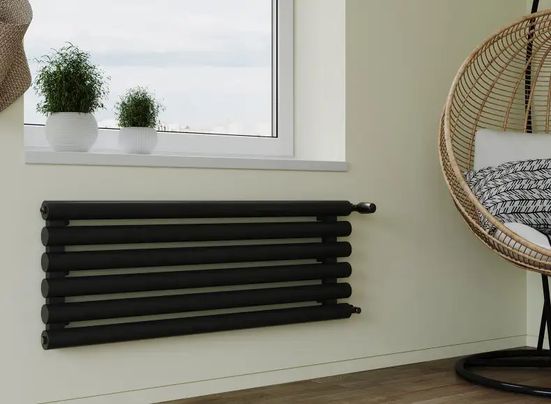 Трубчатый радиатор с круглой трубой 60 мм GUARDO TORRE 6D высотой 453 мм, 400 мм шириной, 6 секций, нижнее по краям подключение, 6D-0400-06 BK-VER R9005(G) черный глянец