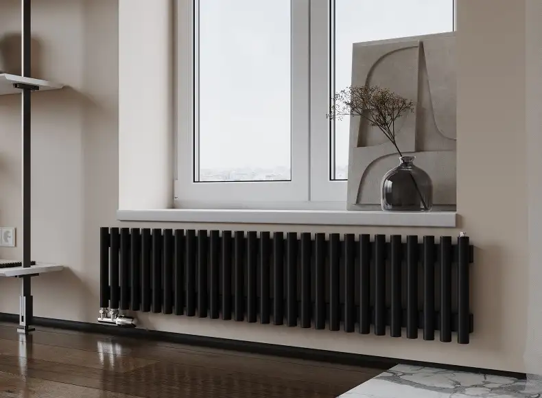 Трубчатый радиатор с круглой трубой 32 мм GUARDO TORRE 3D высотой 400 мм, 82 мм шириной, 2 секции, нижнее в крайних секциях подключение, 3D-0400-02 BK-GOR R9005(G) черный глянец