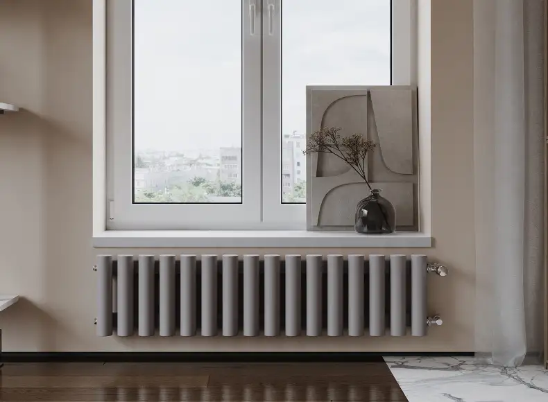 Трубчатый радиатор с круглой трубой 60 мм GUARDO TORRE 6D высотой 400 мм, 139 мм шириной, 2 секции, нижнее левое подключение, 6D-0400-02 NK-VER-L R7040(G) серый глянец