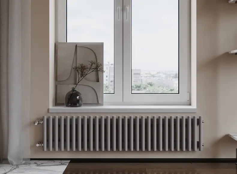 Трубчатый радиатор с круглой трубой 32 мм GUARDO TORRE 3D высотой 400 мм, 82 мм шириной, 2 секции, нижнее в крайних секциях подключение, 3D-0400-02 BK-GOR R7040(G) серый глянец