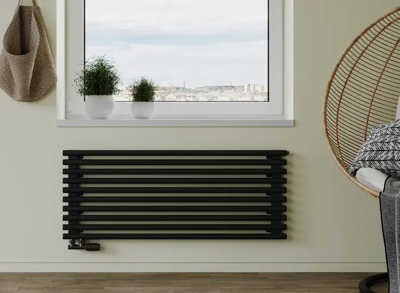 Трубчатый радиатор с круглой трубой 32 мм GUARDO TORRE 3D 532 мм высотой, 400 мм шириной, 11 секций, нижнее по краям подключение, 3D-0400-11 BK-VER R9005(G) черный глянец