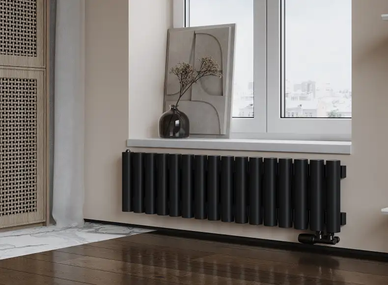 Трубчатый радиатор с круглой трубой 60 мм GUARDO TORRE 6D высотой 400 мм, 139 мм шириной, 2 секции, нижнее левое подключение, 6D-0400-02 NK-VER-L R9005(G) черный глянец