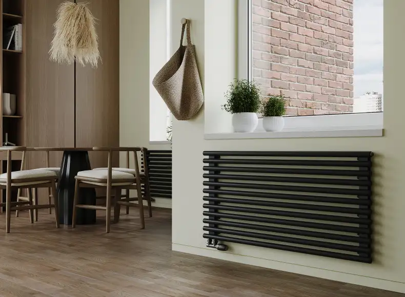 Трубчатый радиатор с круглой трубой 32 мм GUARDO TORRE 3D 632 мм высотой, 400 мм шириной, 13 секций, нижнее по краям подключение, 3D-0400-13 BK-VER R9005(G) черный глянец