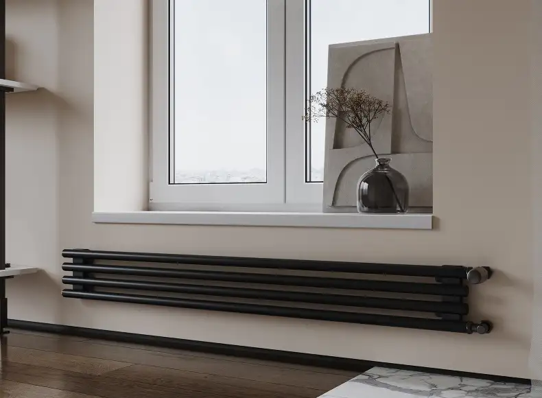 Трубчатый радиатор с круглой трубой 32 мм GUARDO TORRE 3D 232 мм высотой, 400 мм шириной, 5 секций, нижнее по краям подключение, 3D-0400-05 BK-VER R9005(G) черный глянец