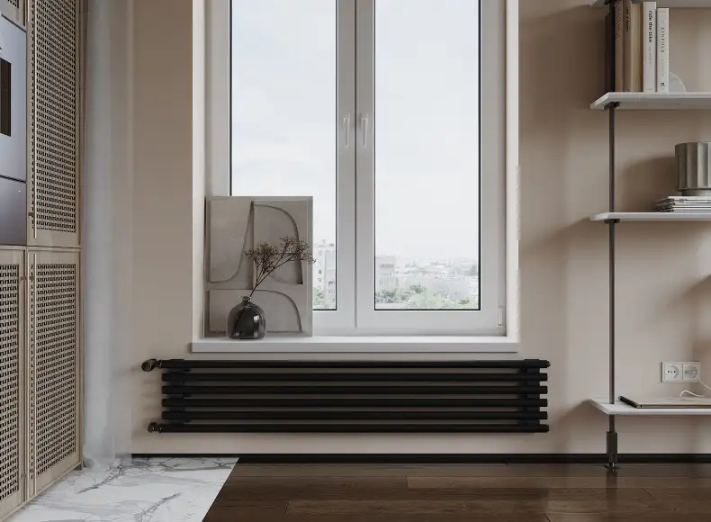 Трубчатый радиатор с круглой трубой 32 мм GUARDO TORRE 3D 382 мм высотой, 400 мм шириной, 8 секций, нижнее по краям подключение, 3D-0400-08 BK-VER R9005(G) черный глянец