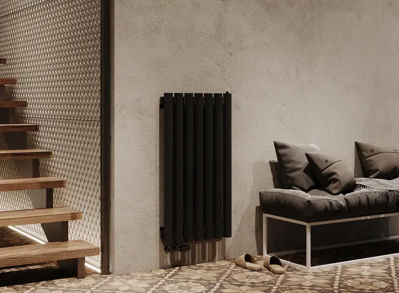 Трубчатый радиатор с круглой трубой 60 мм GUARDO TORRE 6D высотой 900 мм, 139 мм шириной, 2 секции, нижнее левое подключение, 6D-0900-02 NK-VER-L R9005(G) черный глянец