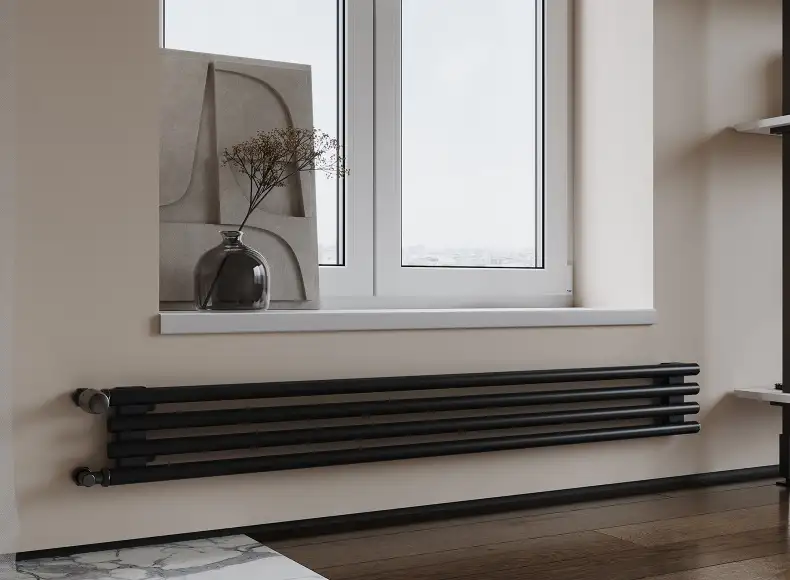 Трубчатый радиатор с круглой трубой 32 мм GUARDO TORRE 3D 132 мм высотой, 400 мм шириной, 3 секции, нижнее по краям подключение, 3D-0400-03 BK-VER R9005(G) черный глянец