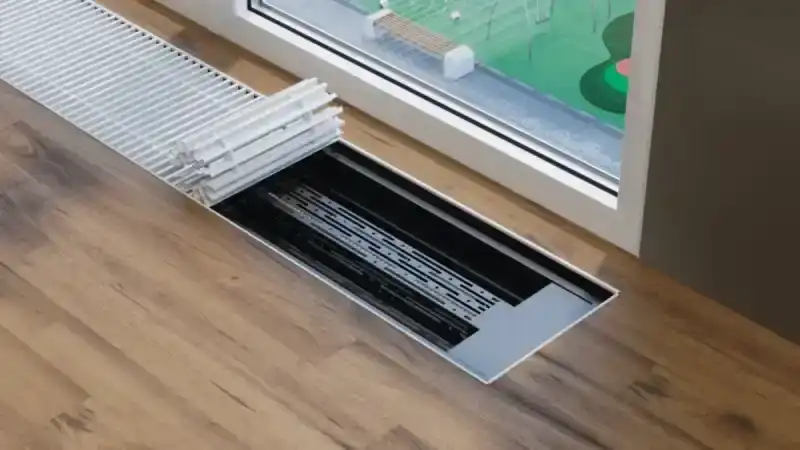 Внутрипольный конвектор Vitron электрический с естественной конвекцией без вентилятора (высота 90 мм, ширина 200 мм, длина 700 мм) c декоративной L-рамкой и решеткой