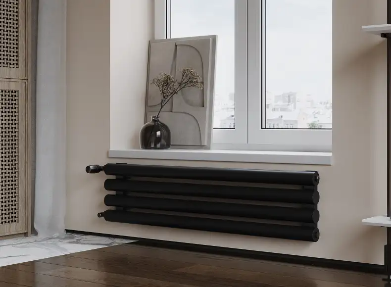 Трубчатый радиатор с круглой трубой 60 мм GUARDO TORRE 6D 139 мм высотой, 400 мм шириной, 2 секции, нижнее по краям подключение, 6D-0400-02 BK-VER R9005(G) черный глянец